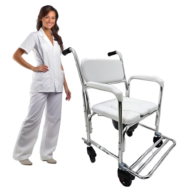 Silla 3 en 1 con Ruedas para Adulto Mayor | Palanca para Escalón | Inodoro Portátil, Ducha y Silla de Ruedas | Asiento Acolchado | Reposapiés Abatible | Frenos en 4 Llantas | Aluminio Ligero