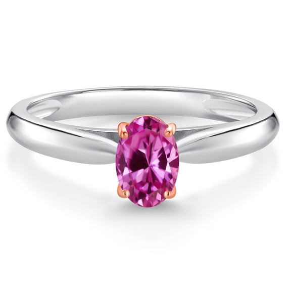 925 Sterling Silver and 10K Rose Gold Prongs Pink Created Sapphire Solitaire Engagement Ring for Women (0.50 Cttw, Oval 6X4MM, Gemstone September Birthstone, Available in Size 5, 6, 7, 8, 9)