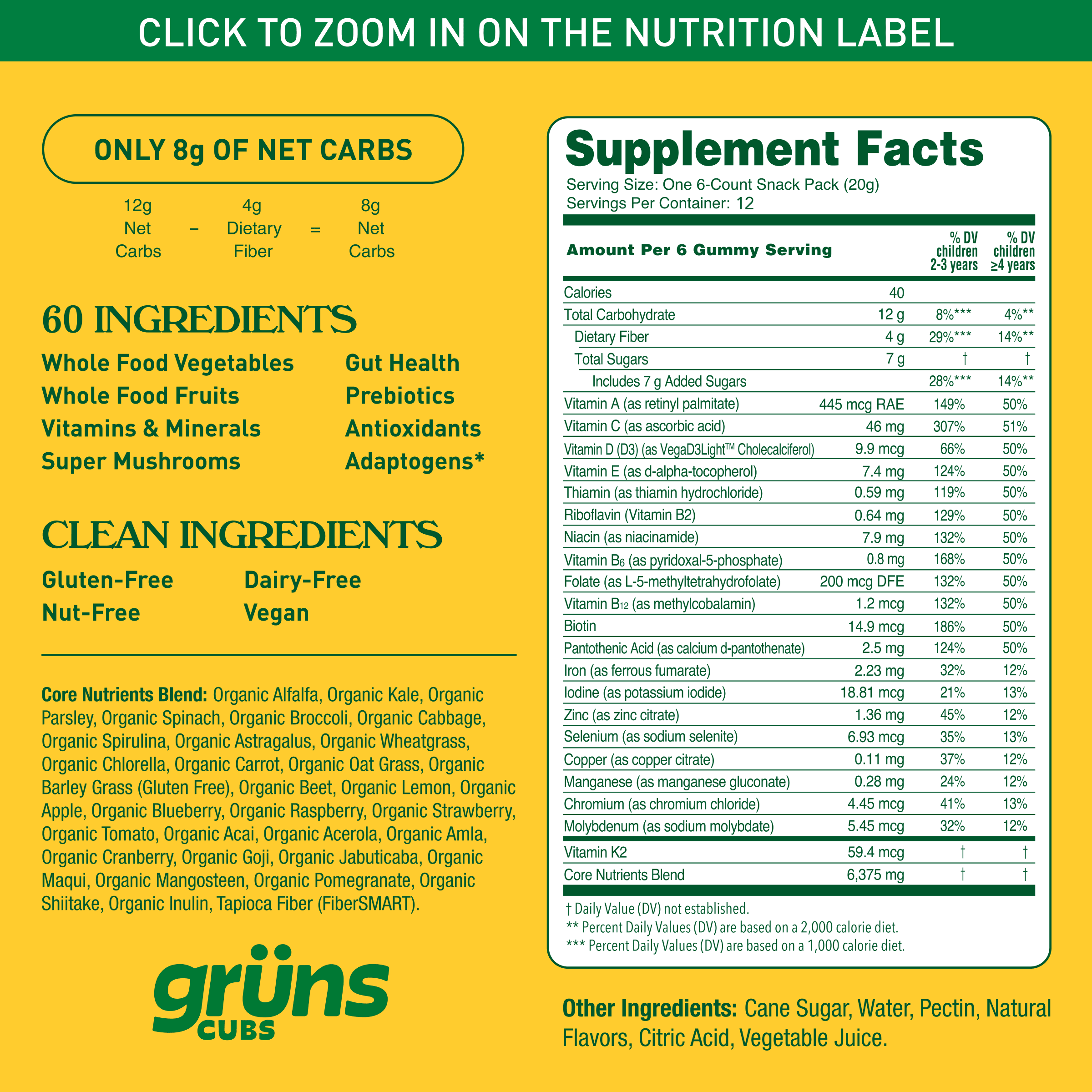 (2 pack) Grüns Kids Superfood Greens Gummies, Made with 60 Organic Ingredients, 20+ Vitamins & Minerals, Prebiotics, Adapotgens, Spirulina & Chlorella, Ages 2+, 12 Servings