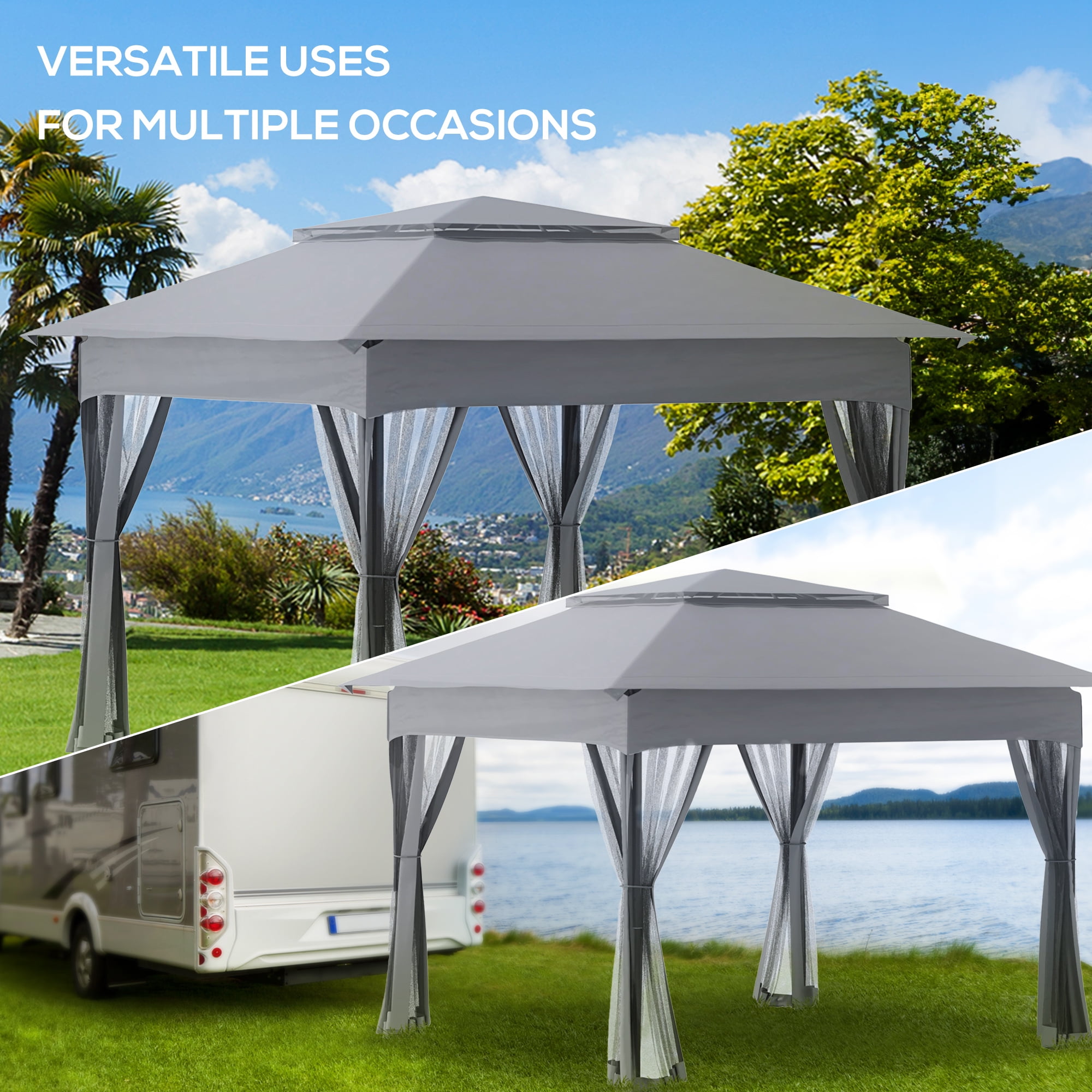 Outsunny 11' x 11' Pop Up Gazebo Outdoor Canopy Shelter with 2-Tier Soft Top, and Removable Zipper Netting, Event Tent with Large Shade, Light Gray
