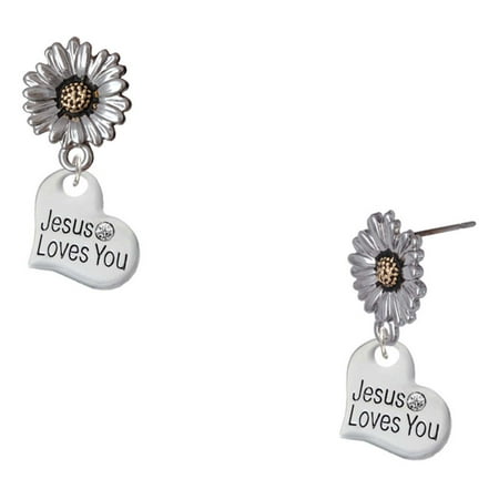Delight Jewelry Silver-tone Small Jesus Loves You Heart – Two-tone Daisy Flower Post Earrings