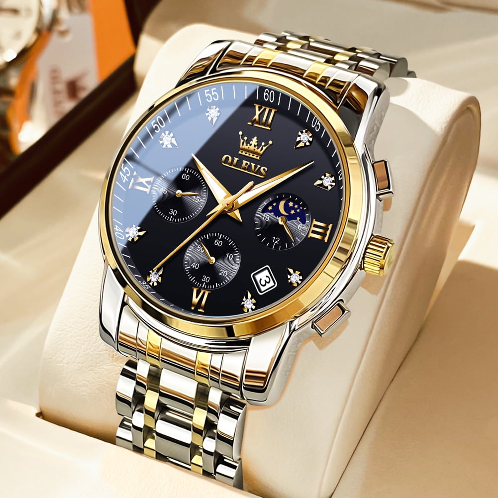 OLEVS Watches for Men, Mens Watches Gifts for Men Chronograph Analog Quartz Luxury Casual Classic Diamond Waterproof Luminous Stainless Steel Reloj para Hombre Black Dial