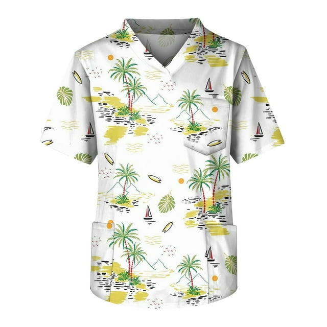 LINMOUA Men's Plus Size Halloween Printed Scrub Top, Cross V-Neck, Short Sleeve