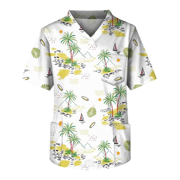 Plus Size Halloween Printed Scrub Working Uniform Tops For Men's Cross V-Neck Short Sleeve Fun T-Shirts Workwear Tee With Pockets