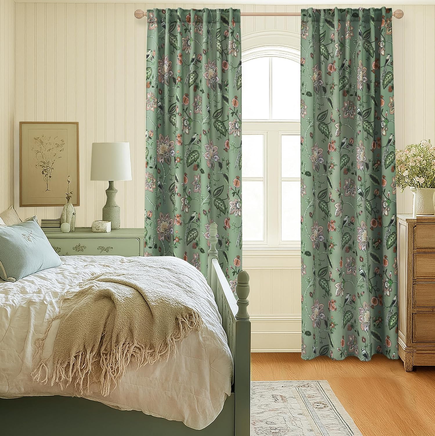 Cute Blackout Curtains 63 Inch Long for Bedroom,70% Black Out Room Darkening Rod Pocket Vintage Boho Floral Pattern Sage Green Coral Fruit Plant Vine Curtains for Living Room 63 in Length 2 Panel Set