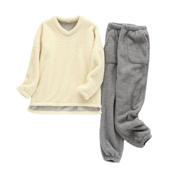 Enjoytime Womens Winter Outfits Solid Color Thick and Velvet Warm Pajamas Crewneck Long Sleeve Tops Pants 2 Piece Sets Soft Comfy Sleepwear