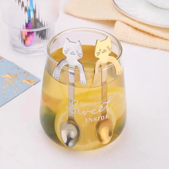Queroig Cat Spoon Coffee Teaspoon Stainless Steel Hanging Cup Tea Spoon for Drink Mixing Cute Cat Shape Milkshake Jam Spoon Coffee Lover Gift