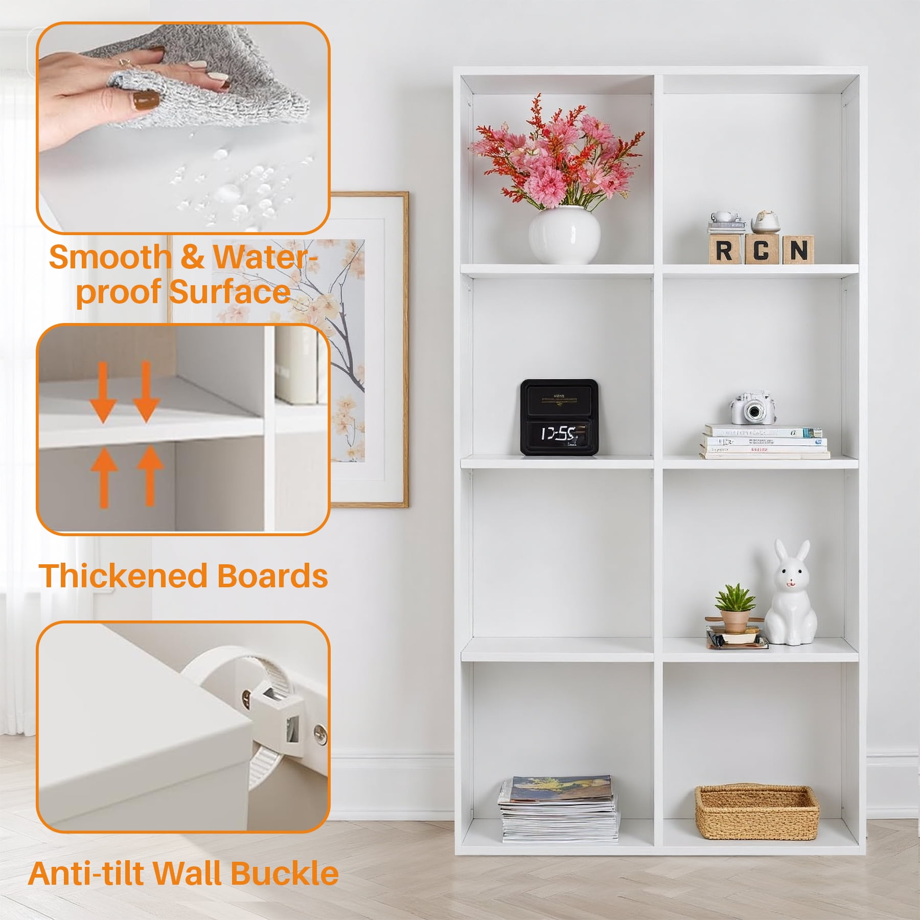 Cube Bookshelf White, 8 Cube Storage Organizer Bookcase, Display Bookcase, TV Stand, for Living Room, Home Office, Bedroom