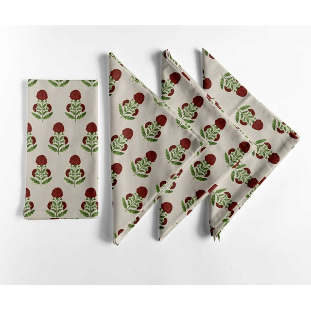 Vargottam Serviettes en Coton à Imprimé Ethnique en Blocs - Ensemble de 12, 20x20 Pouces, Serviettes de Table à Motifs Floraux Rouges, Faites à la Main pour un Style Intemporel et Traditionnel - Lavable à la Machine