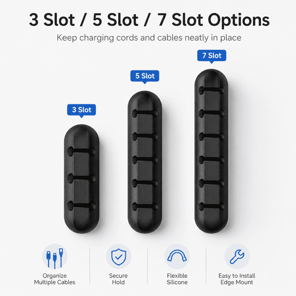 3-Pack Cord Organizer for Desk, Adhesive Cable Clips, 3/5/7 Slots for Desktop and Nightstand, Black