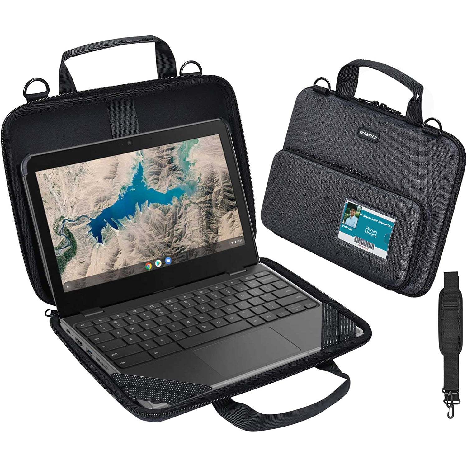 AMZER Laptop Cover always on Chromebook Case with Pouch Shoulder bag and ID Card Slot 11 11.6 inch Black