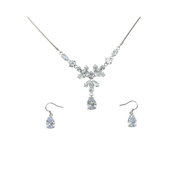 Faship Clear Cubic Zirconia CZ Crystal Floral Necklace Earrings Set