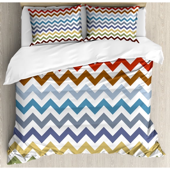Chevron Duvet Cover Set, Chevron Pattern Easter Day Inspired Zigzag Colorful Design Retro Style Illustration, Decorative 3 Piece Bedding Set with 2 Pillow Shams, Calking Size, Multicolor, by Ambesonne