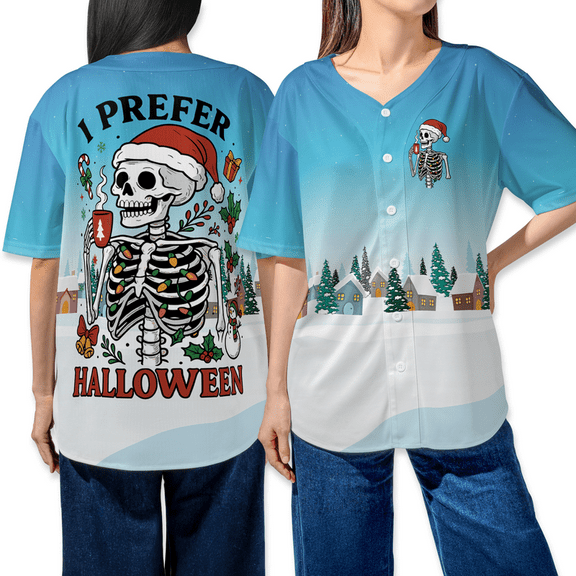 I Prefer Halloween Skeleton Baseball Jersey – Funny Christmas Santa Skeleton Holiday Shirt, Spooky Xmas Gift Baseball Jersy for Men & Women