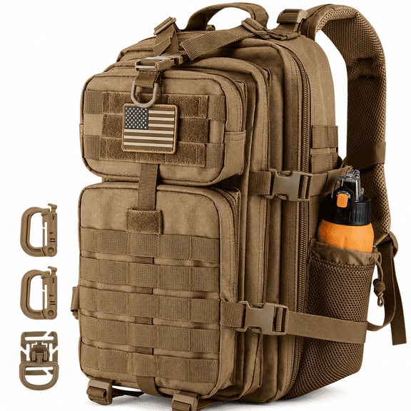 Khaki 30L MOLLE Backpack Camping Hiking Rucksack with Bottle Holder