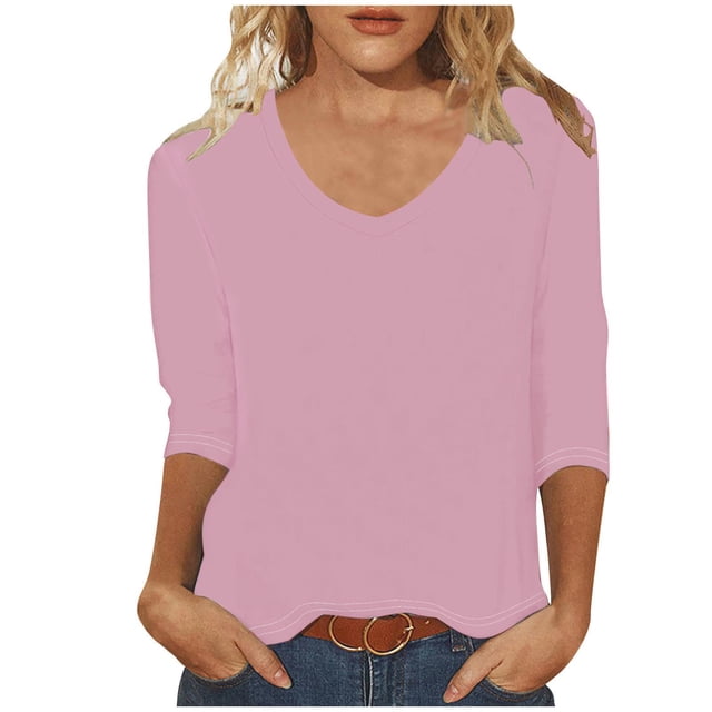 GigrtiJin Chemises à Manches 3/4 pour Femmes Mode Couleur Unie Col Rond Hauts Blouses Décontractées Amples Basiques