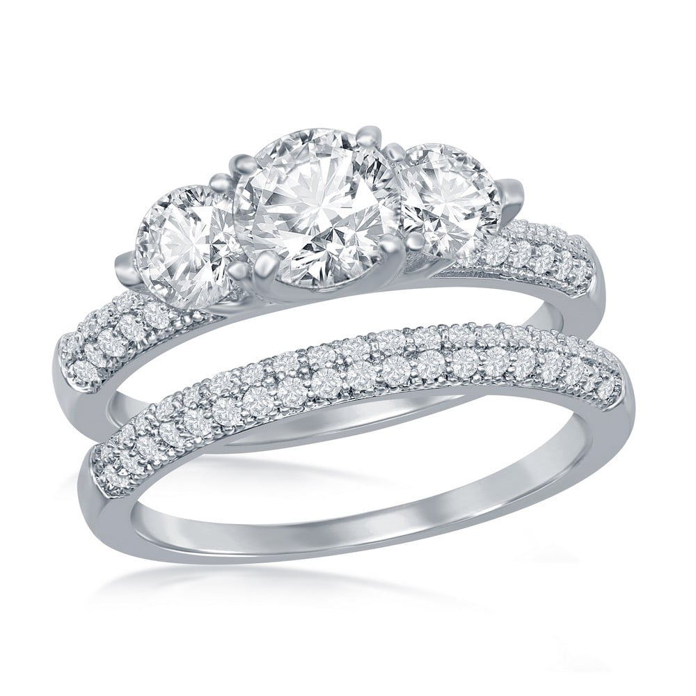 Bridal Engagement Ring and Eternity Band Set 2-PC Silver Tone Solitaire Simulated Diamond Three-Stone/Round/Marquise/Pear-Shaped/Emerald/Oval/Round Halo/Princess-Cut Bridal Engagement Ring and Eternity Band Set 2-PC Silver Tone Solitaire Simulated Diamond Three-Stone/Round/Marquise/Pear-Shaped/Emerald/Oval/Round Halo/Princess-Cut