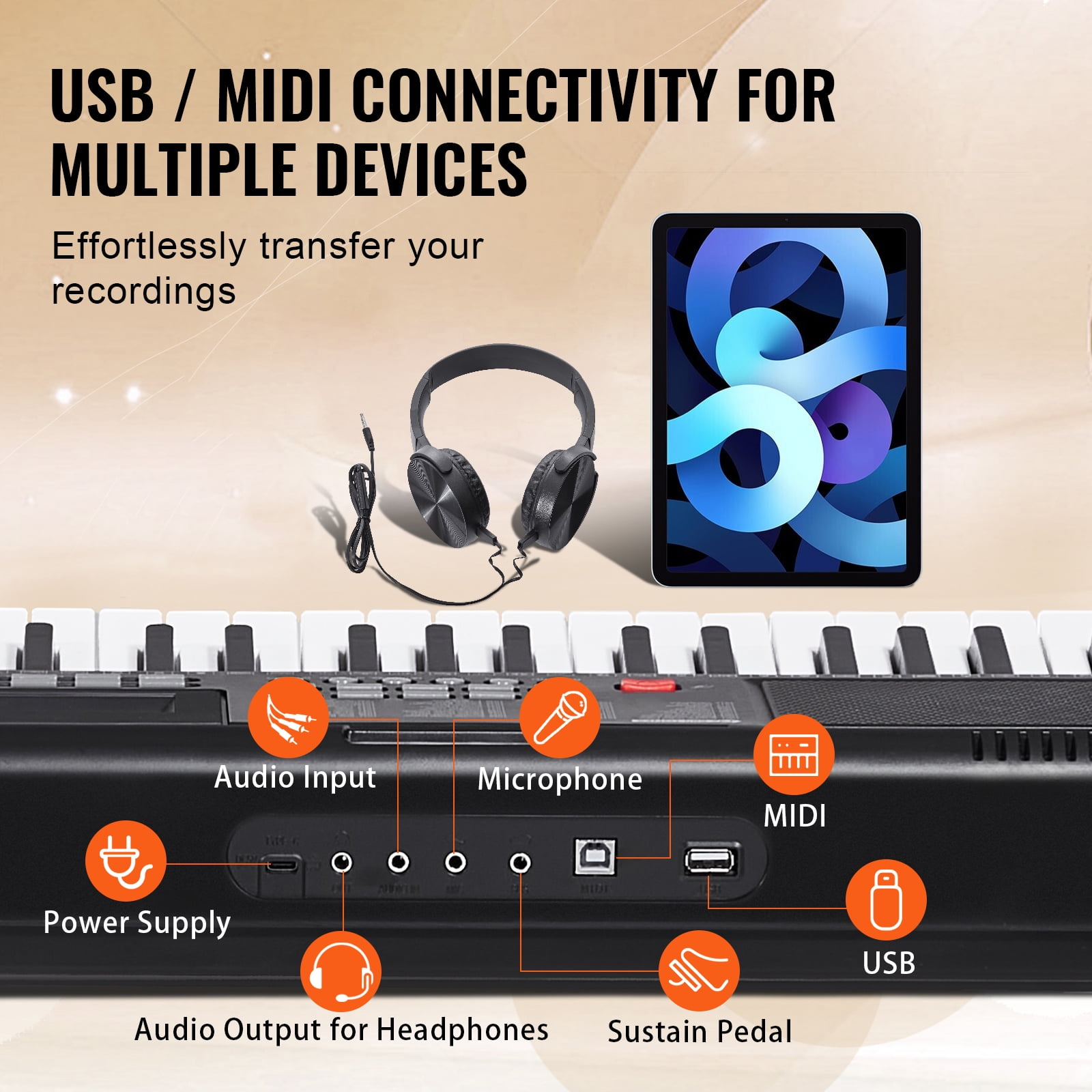KFFKFF 61-Key Digital Keyboard Piano with Lighted Keys, Portable Electric Piano Featuring Adjustable Stand, 600 Tones, 500 Rhythms, Built-In Speakers, Sustain Pedal, Headphones