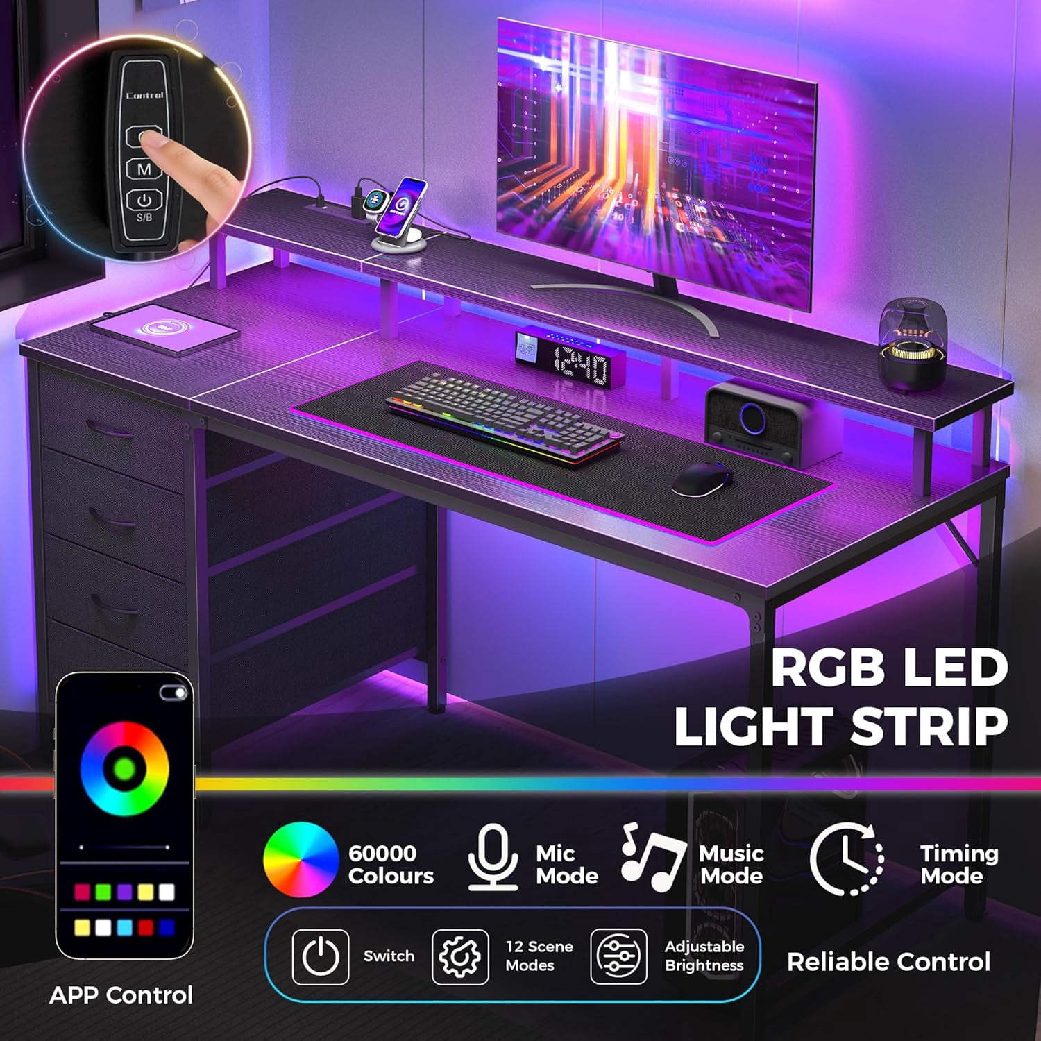 CONCETTA 40 Inch Computer Gaming Desk with 4 Drawers, Power Outlets and LED Lights for Home Small Spaces, Black