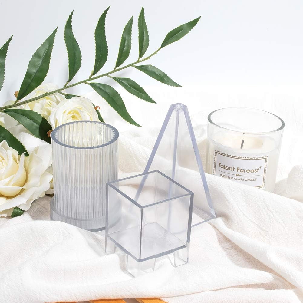 3PCS Plastic Candle Molds with Candle Wick Pyramid Mold Column Mold and Cube Molds - Candles Mould Set for Candles Craft Making Clear DIY