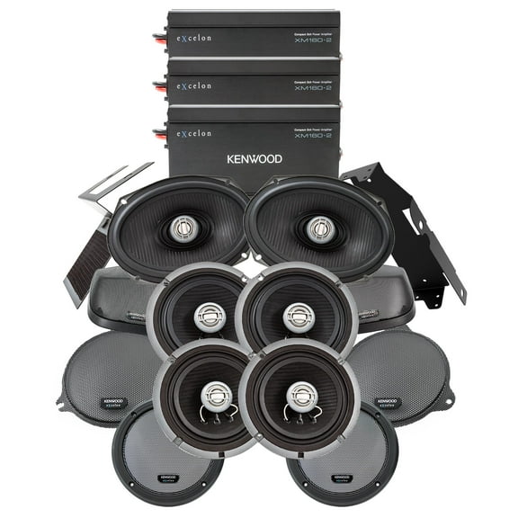 Kenwood 3 2-Channel Amplifiers with 2 Pair of 6 1/2" Speakers and 1 Pair of 6x9" Speakers and Cut-In Lid Plug and Play Kit for 2014  Road Glide Ultra Motorcycles