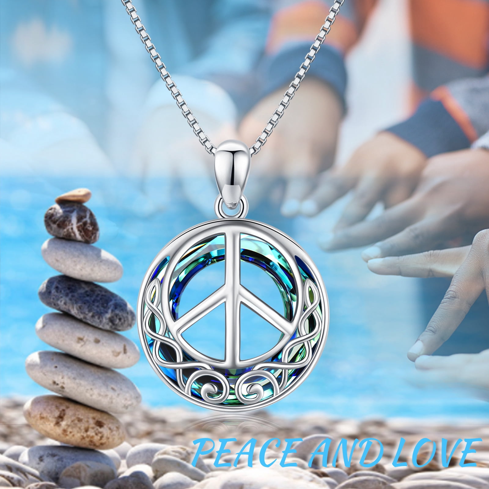 Midir&Etain Peace Sign Necklace 925 Sterling Silver Celtic Celtic Knot Crystal Peace Sign Pendant Jewelry Mothers Day Gifts for Women Men Teens Daughter Mom Wife Girlfriend
