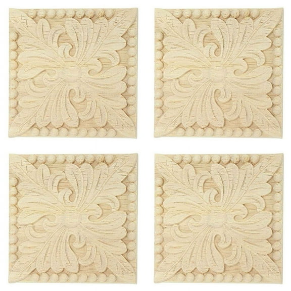 4X Natural Wood Appliques Square Flower Carving Decals Decorative Wooden Mouldings for Cabinet Door Furniture Craft