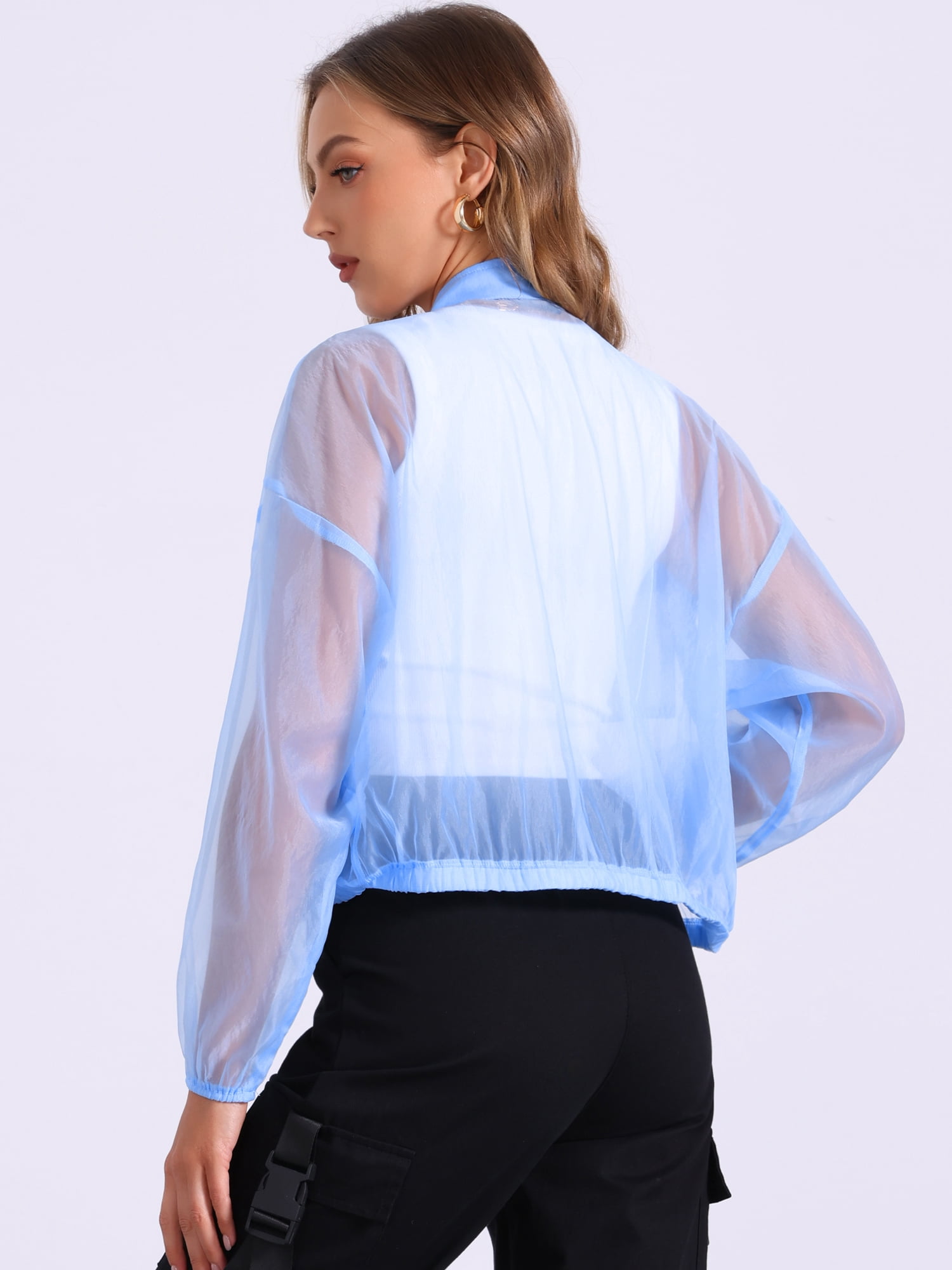DARING DIVA Women's Sheer Bomber Zip Up Long Sleeve See Through Jackets L Light Blue