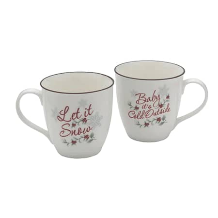 Pfaltzgraff Winterberry Christmas Cheer Porcelain Mugs 20 oz Set of 2, Let it Snow and Baby it's Cold Outside