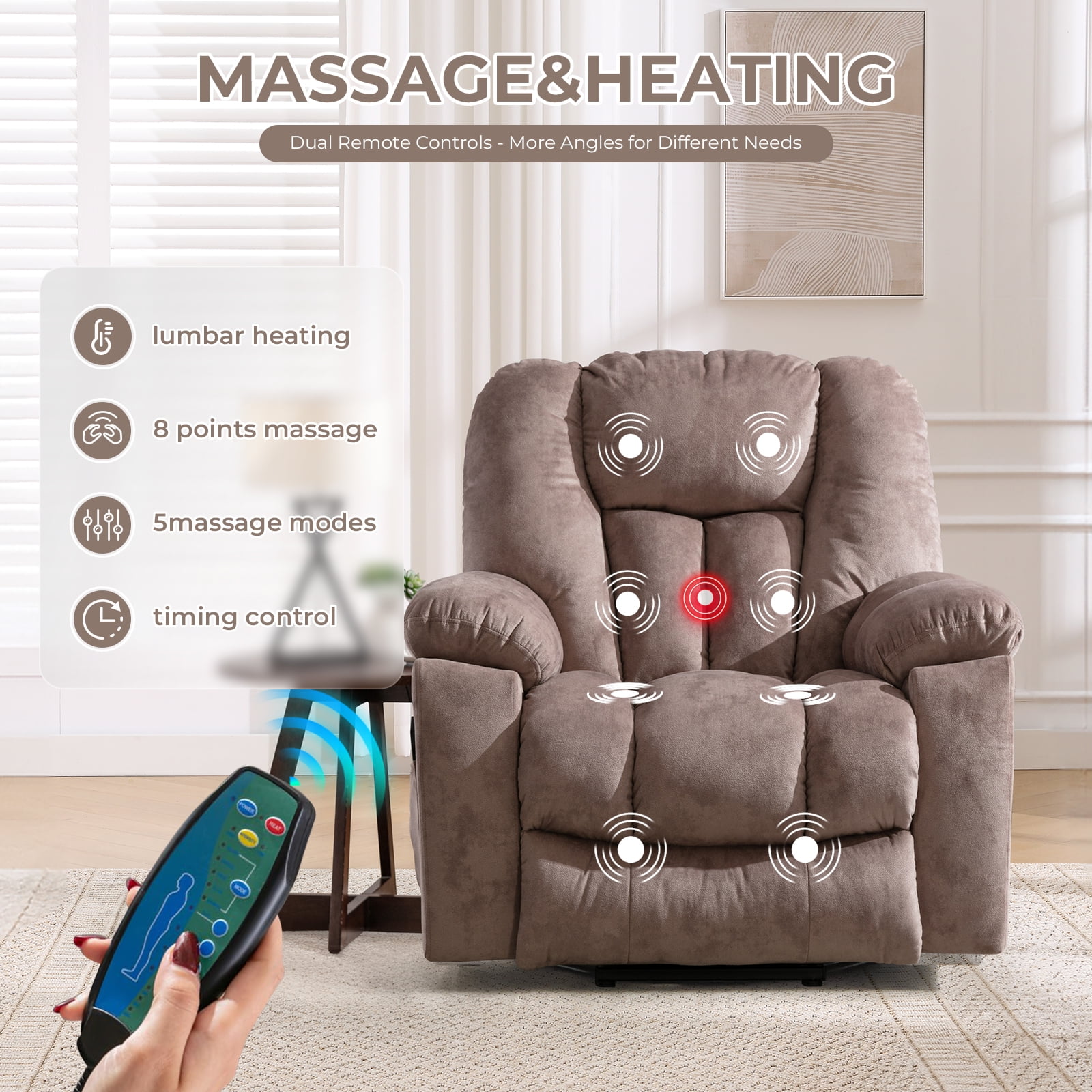 Ebello Large Power Lift Recliner Chair with Heat Massage, USB Ports - Ergonomic Recliner Chair for Elderly, Light Brown