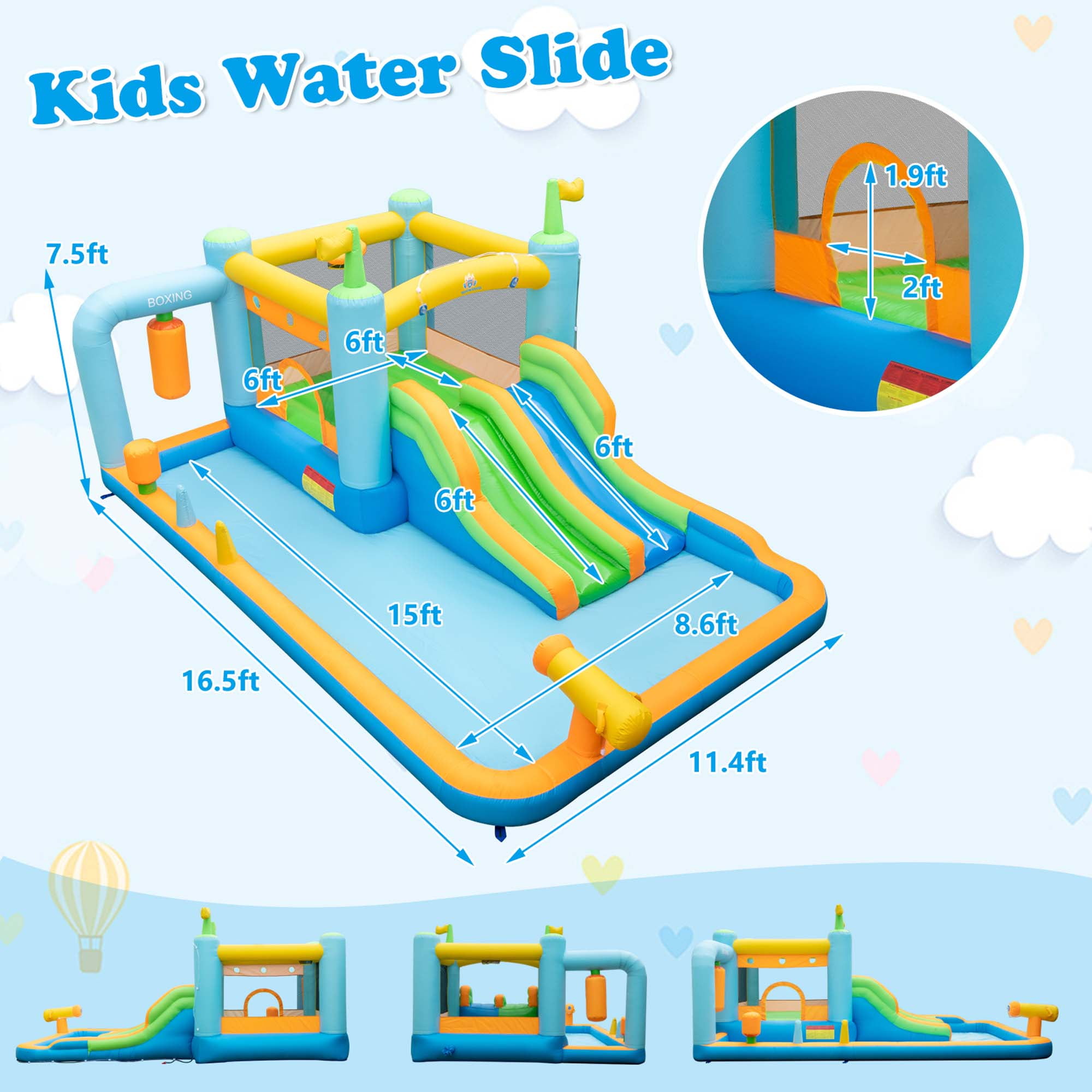 Costway Inflatable Water Slide Giant Kids Bounce House Park Splash Pool without Blower for Toddler, Bouncy Water Park