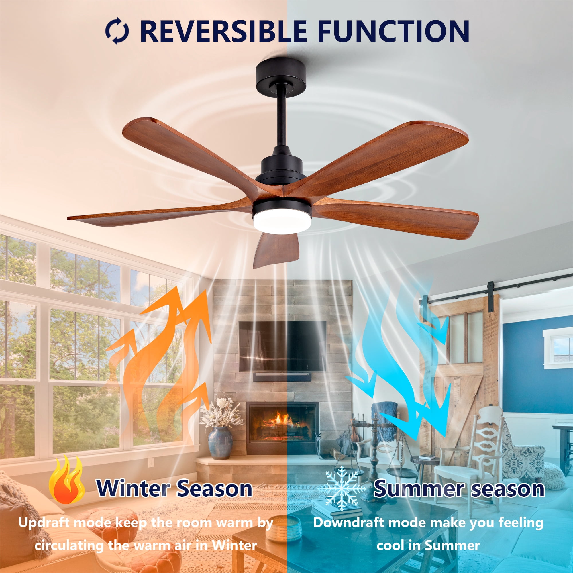 Ceiling Fan with Lights, 52 Inch Remote Control 5 Solid Wood Blades Outdoor Fan for Patio Farmhouse Bedroom, Black