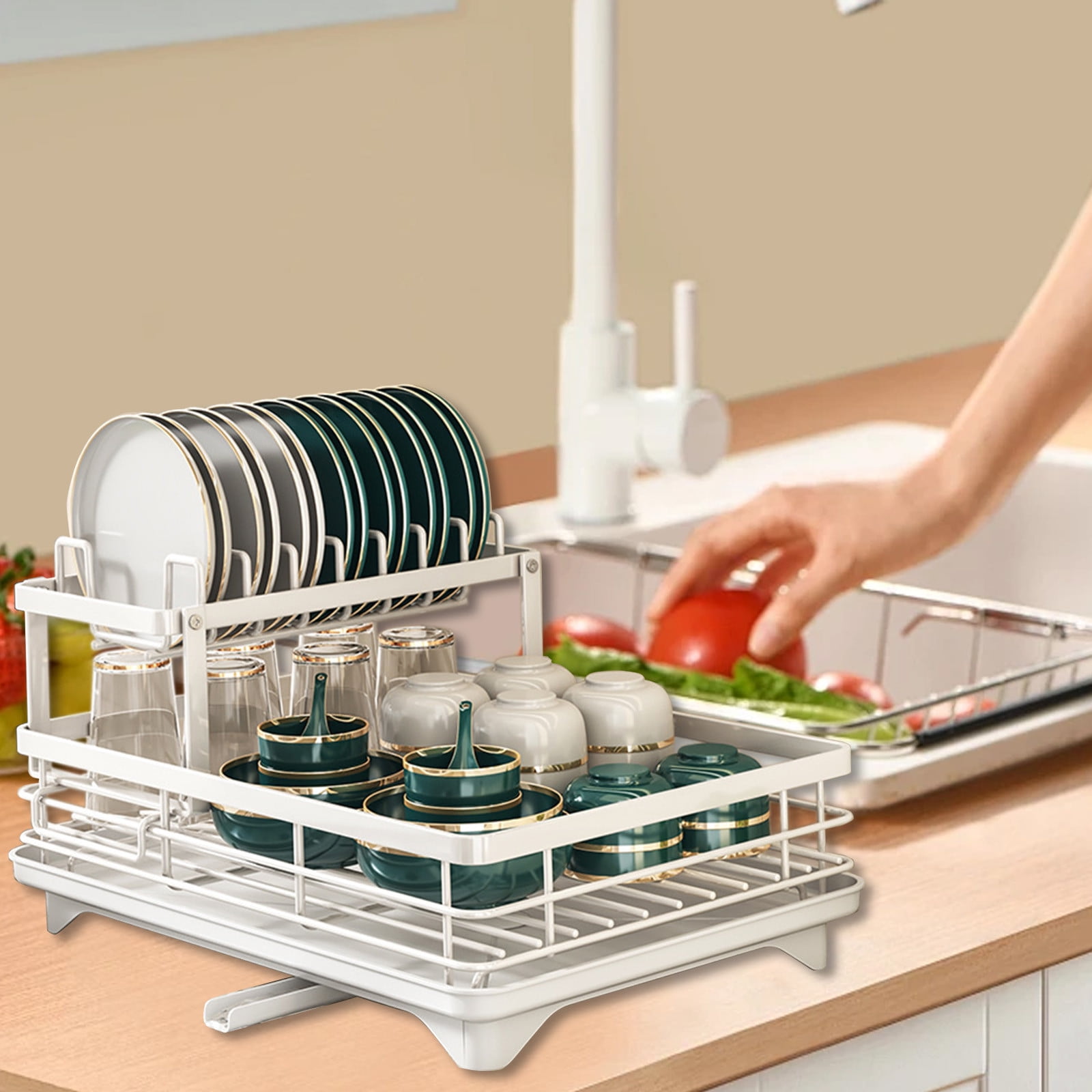 Dish Drying Rack, Carbon Steel 2-Tier Drainer, Large Capacity Space-Saving Easy-Install Sturdy Anti-Collapse Stable, Kitchen Countertop Dish Bowl Cup Utensil Organizer Shelf