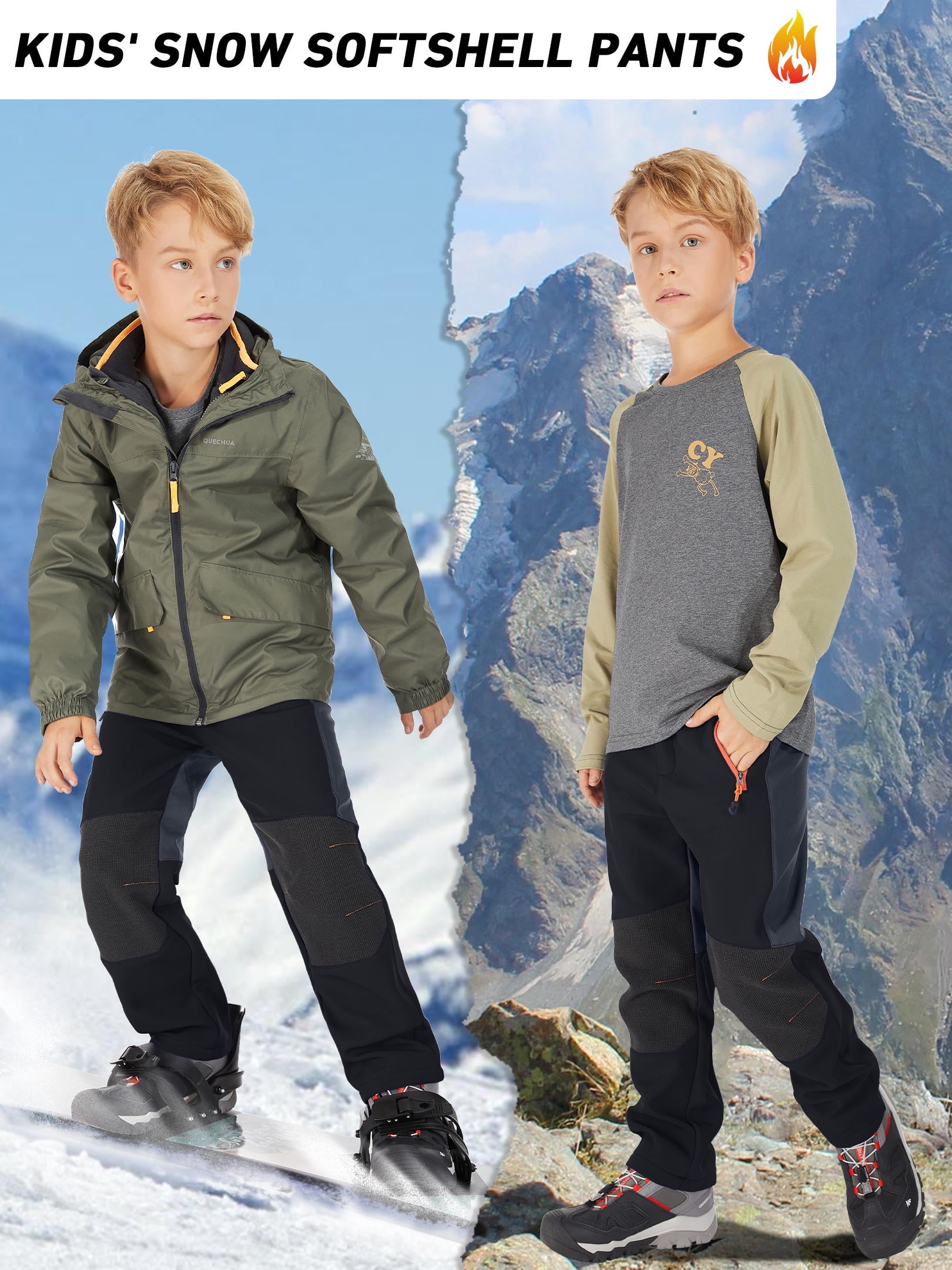FEN AI Boy's Kids Youth Ski Snow Pants Windproof Waterproof Hiking Pant Expandable Waist Soft Shell Winter Warm Insulated Trousers Grey Size 10-12