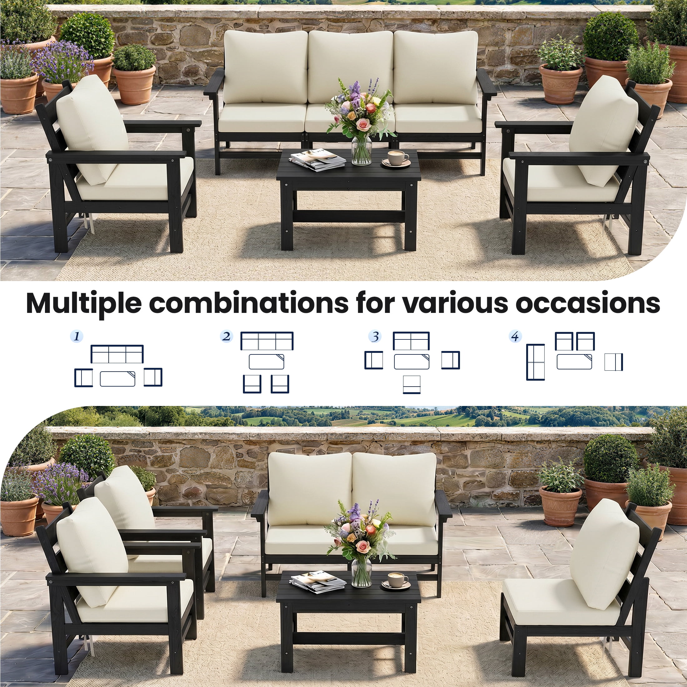 UDPATIO HDPE Patio Conversation Set, 6-Piece Sectional Outdoor Furniture Set, All-Weather Outdoor Couch Set for Deck, Lawn, Black Frame with Beige Cushion