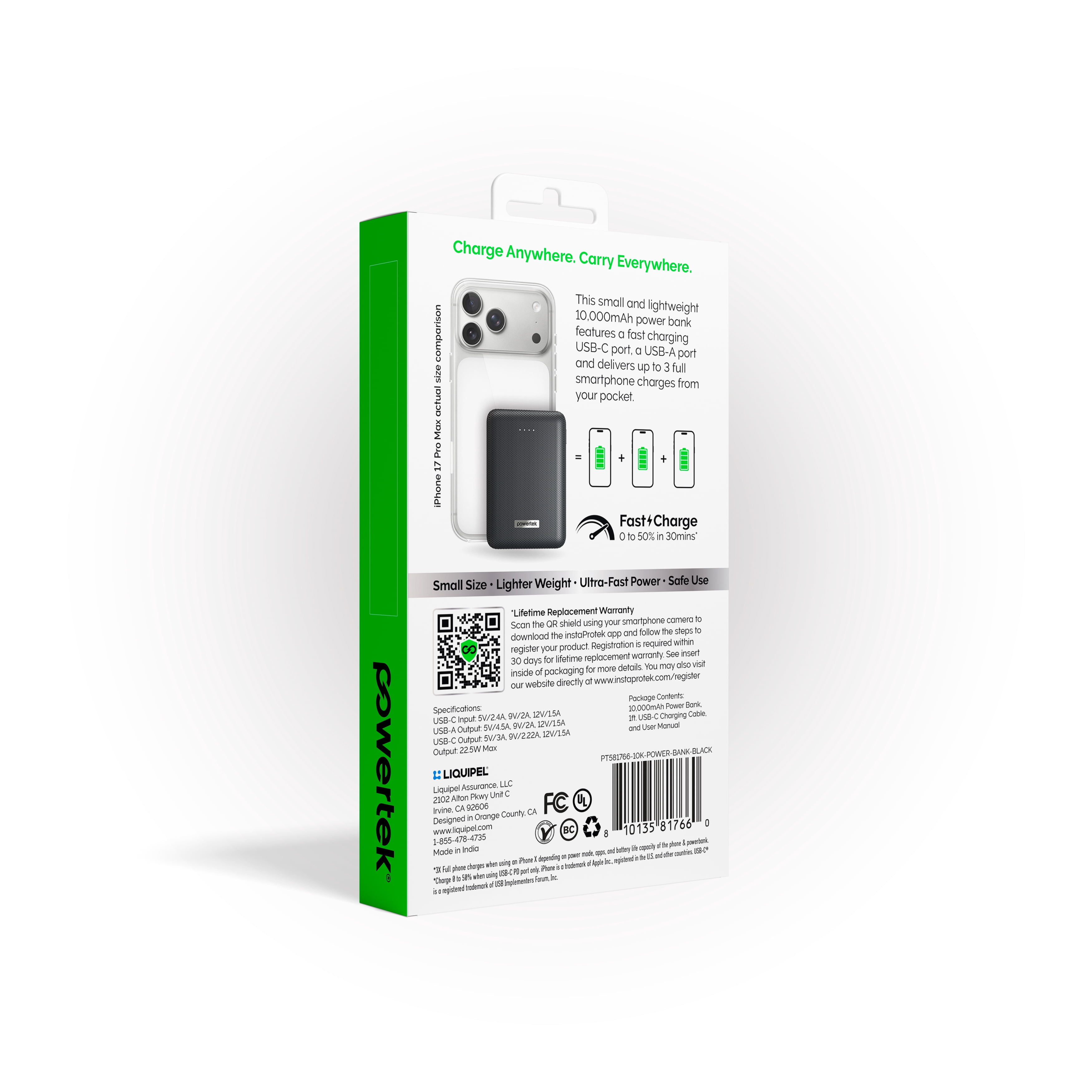 Liquipel Powertek 10,000mAh Compact Power Bank 20W PD Fast Charge USB-C and USB-A