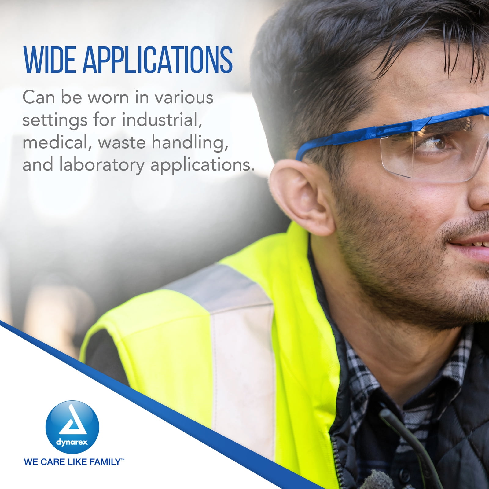 Dynarex Safety Glasses - Eye Protection for Medical, Dental, Lab Use - Shields Eyes From Dust, Chemical & Particles - Wraparound Frames, Wide-View Optical Lens, Short Side Shields - Blue, 50-Count