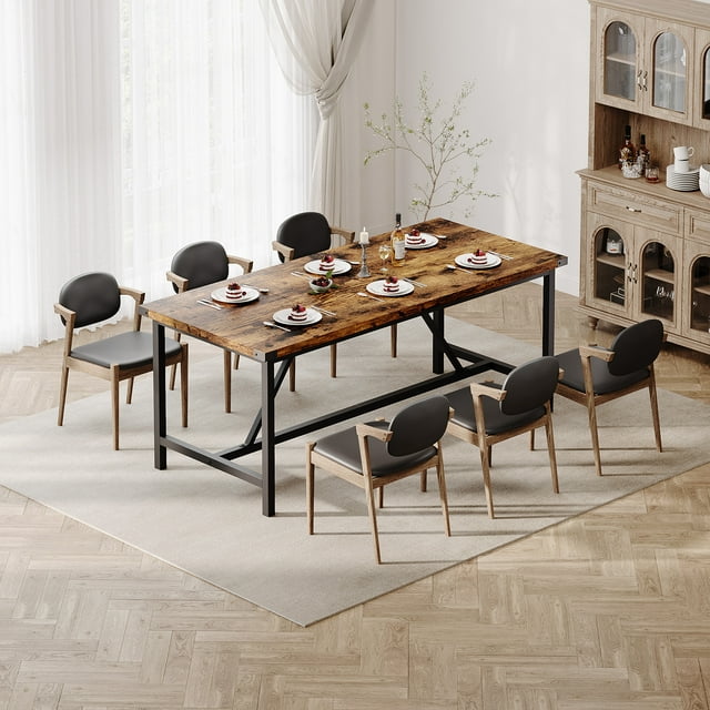 Large Farmhouse Dining Table, Wooden Rectangle Kitchen Table with Metal Legs, Industrial Computer Desk Home Office Desk, Modern Dinner Table for 6 to 8 People In Dining Room, Vintage