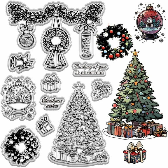 Christmas Clear Rubber Stamp Holly Wreath Crystal Ball Pine Reusable Transparent Silicone Seal Stamp for Xmas Winter Decor DIY Craft Scrapbooking Journaling Card Making Supplies