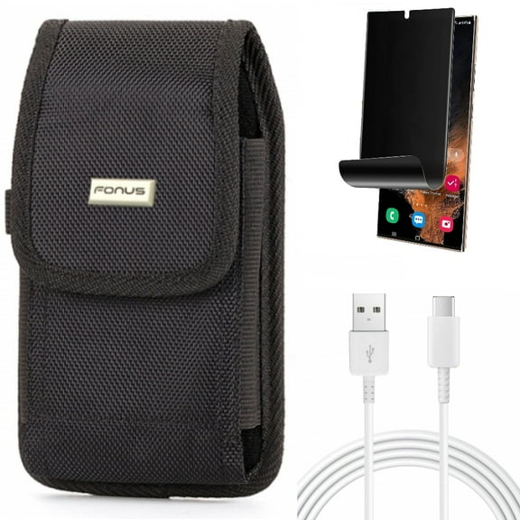 10ft USB-C Cable & Case Belt Clip & Privacy Screen Protector for Samsung Galaxy S22 Ultra (6.8") - Combo Type-C Charger Cord Power & Swivel Holster Rugged & TPU Film (Fingerprint) Anti-Peep