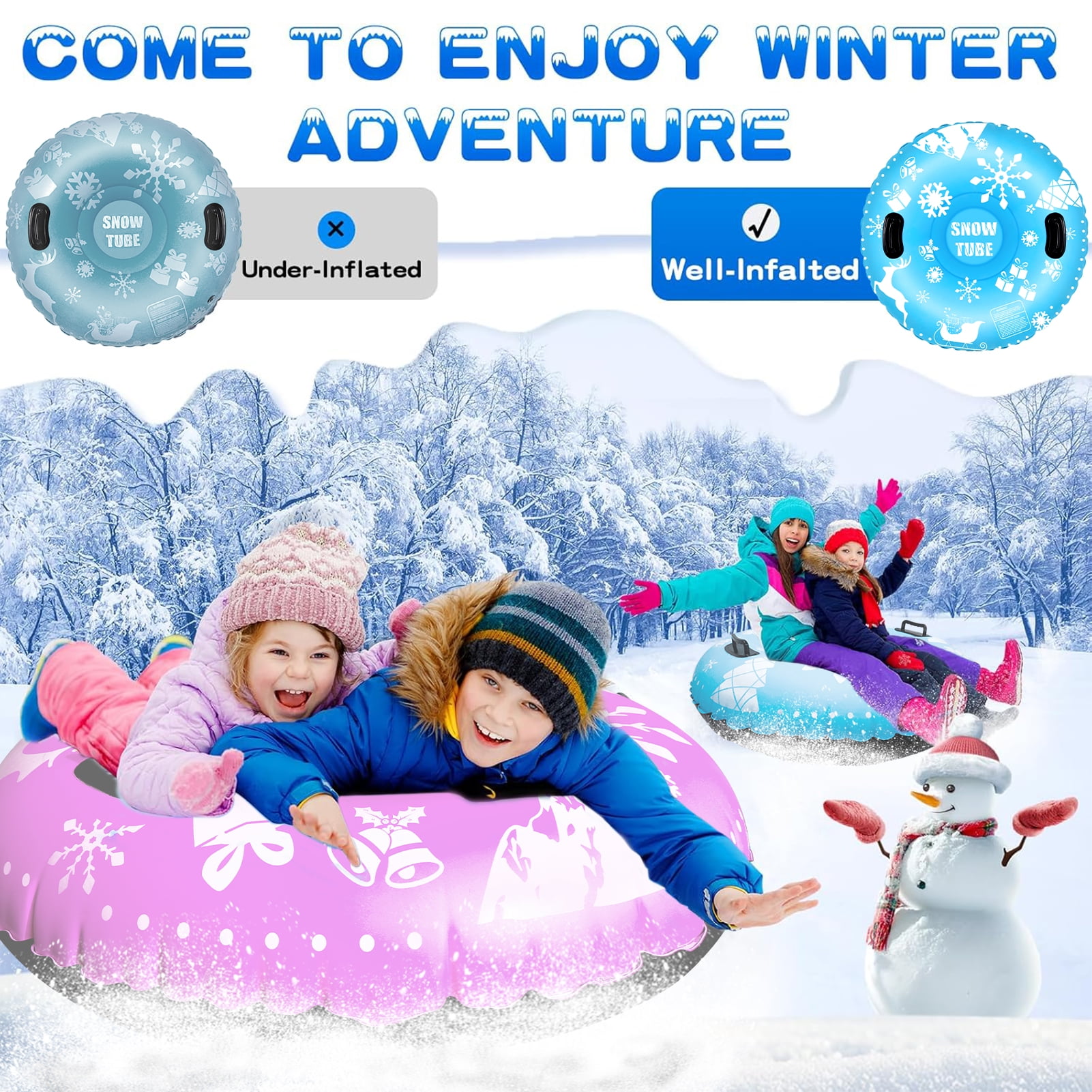 GMZW Snow Tube, 2 Packs for The Whole Family Inflatable Snow Sled for Kids and Adult, Thickened Heavy Duty Hard Bottom Sleds for Snow with Handles, Winter Toys for Outdoor Sledding Snow Tube Sports