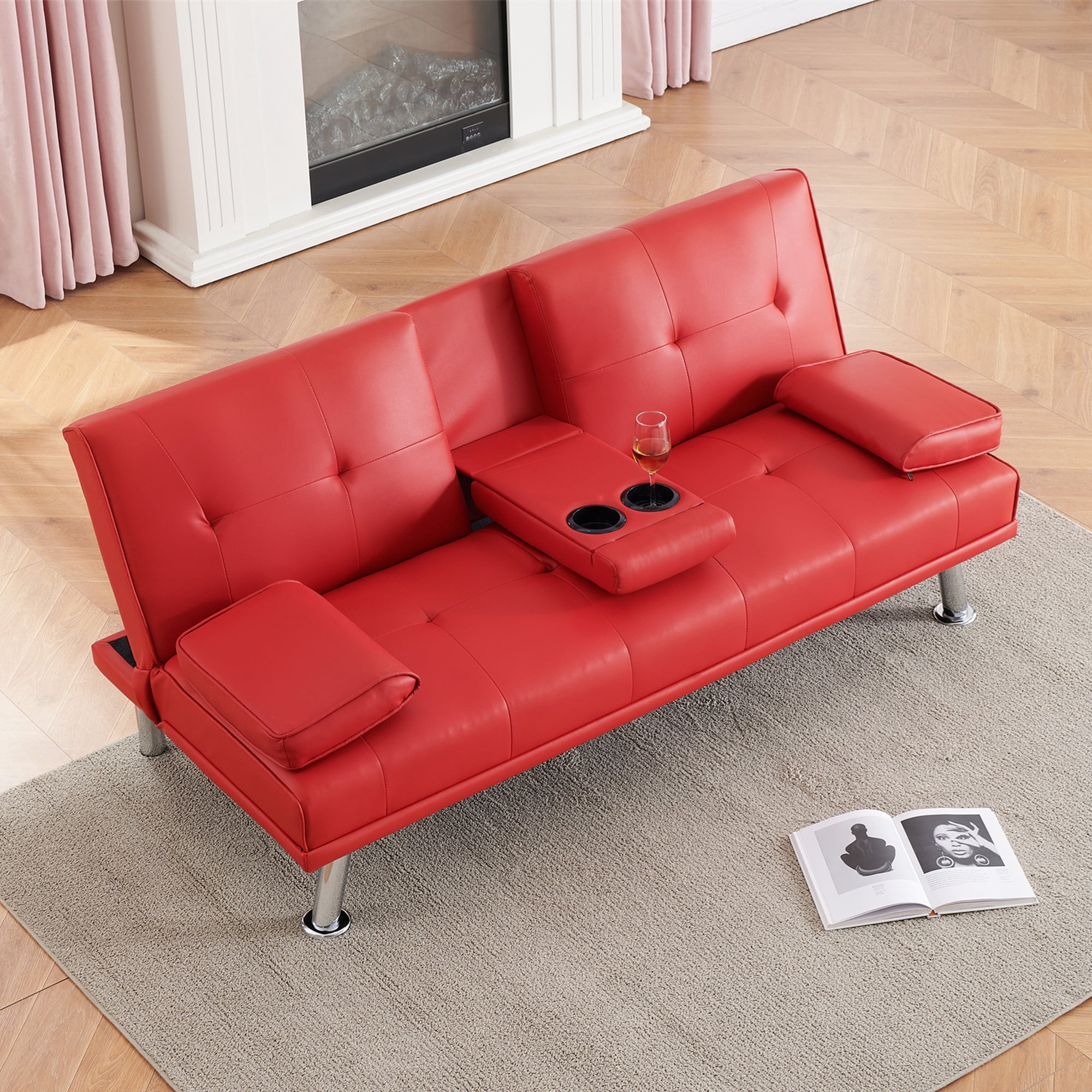 Aukfa Leather Futon Convertible Sofa Bed with 2 Cup Holders&Pillows, Twin Size, Red