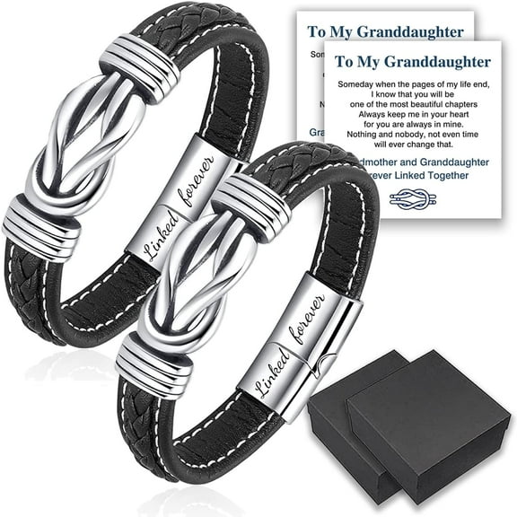 Grandmothers and Granddaughters Together Forever Braided Leather Bracelet, 19cm (7.48 inch) Women's Infinity Bracelet, Stainless Steel Braided Leather Bracelet Bracelet Wristlet Gift