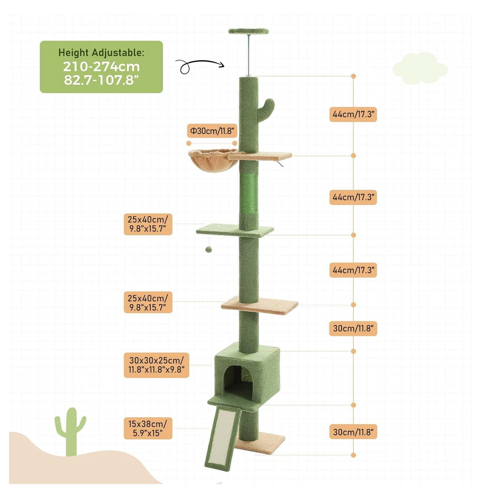 Floor to Ceiling Cat Tree, Tall Cat Tower Adjustable 83-108", 5 Levels for Indoor Cats - Condo, Hammock, Scratching Posts - Green