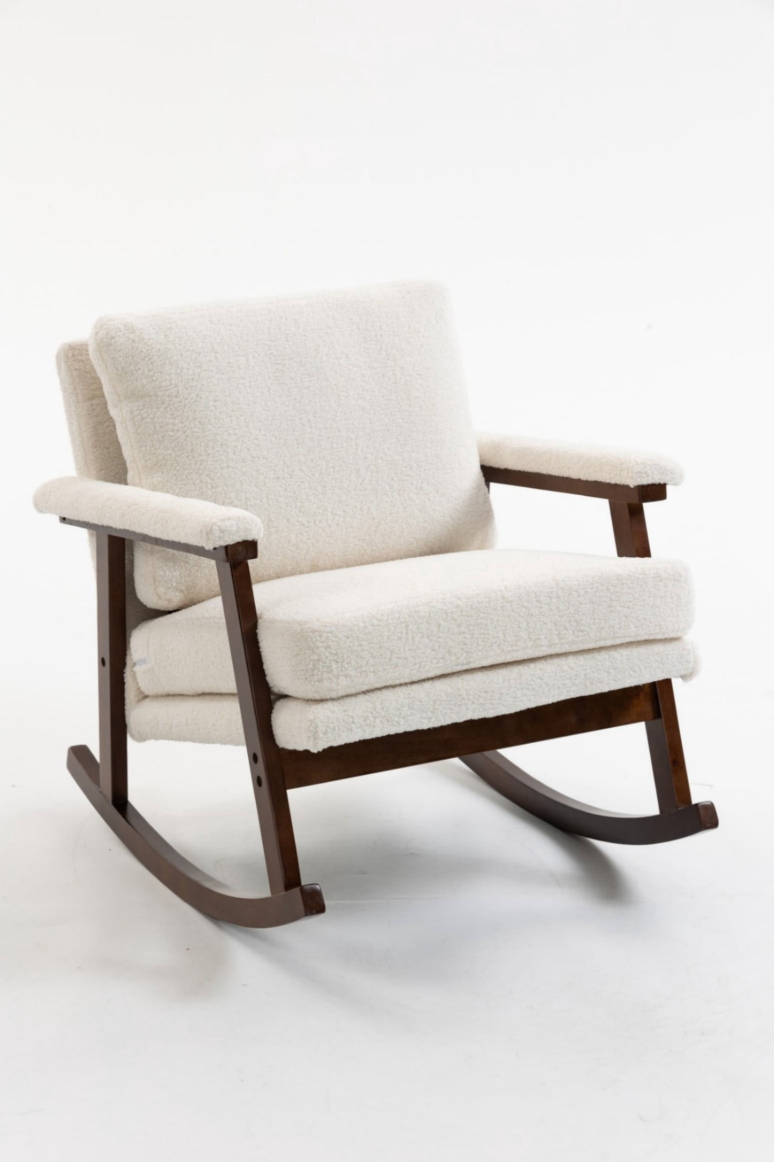 Mid-Century Modern Rocking Accent Chair with Wood Frame, Upholstered Reading Armchair with Waist Cushion, High-Density Foam Lounge Chair for Living Room, Bedroom, Sunroom, Antique White