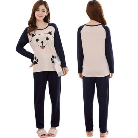 

Newway Women Cartoon Printed Nightgown Set Long Sleeve Female Soft Loose Pajamas 2-piece