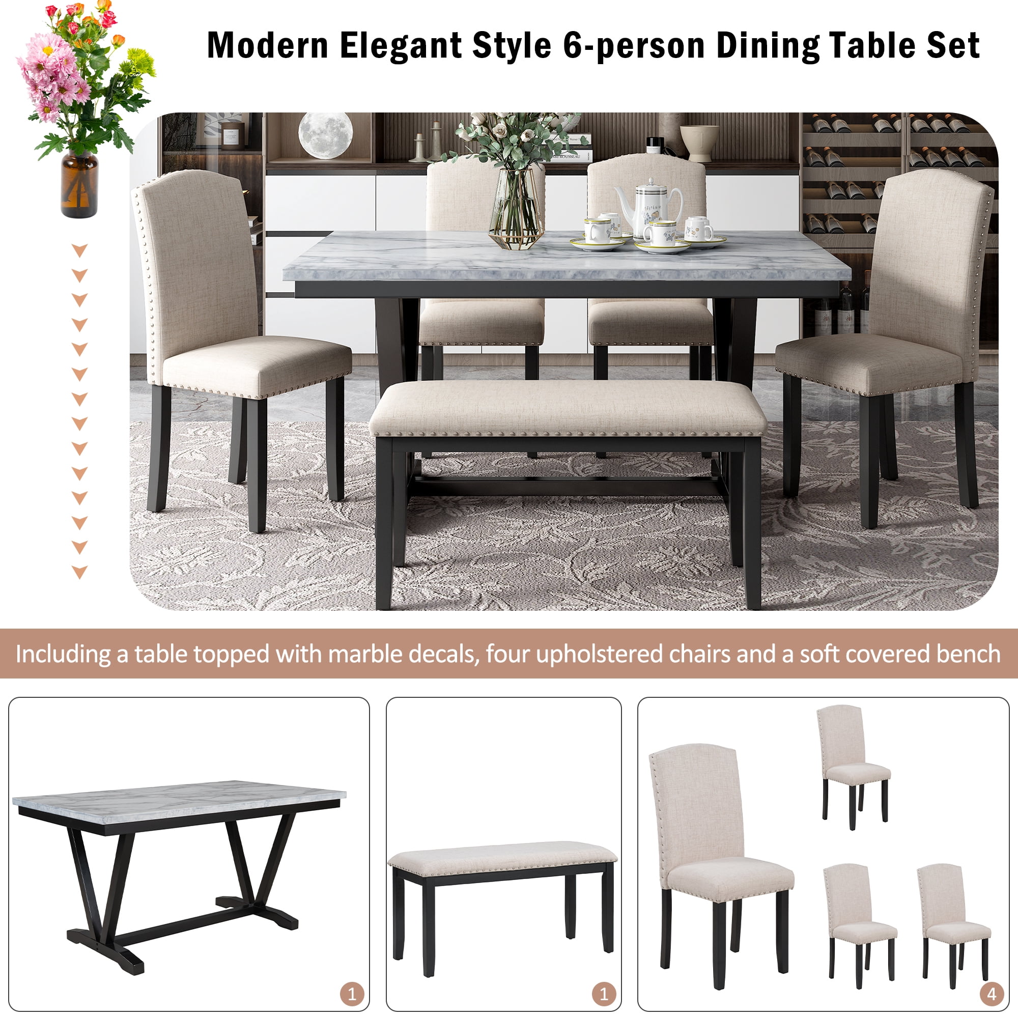 Howcool Modern 6-Piece Dining Set, Marbled Veneers Tabletop, V-Shaped Legs, 4 Chairs & Bench, White