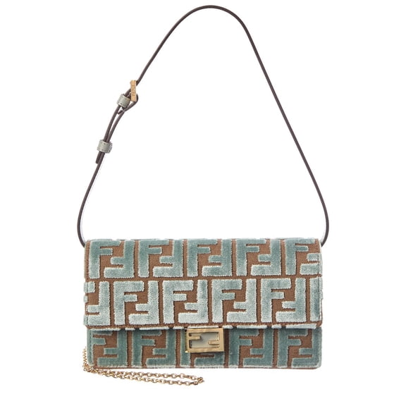 FENDI Baguette FF Velvet & Leather Wallet On Chain, Green