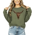 thumbnail image 2 of Western Longhorn Skull Sweatshirt for Women Vintage Cow Skull Graphic Pullover Army Green Sweatshirt Adult X-Large, 2 of 7