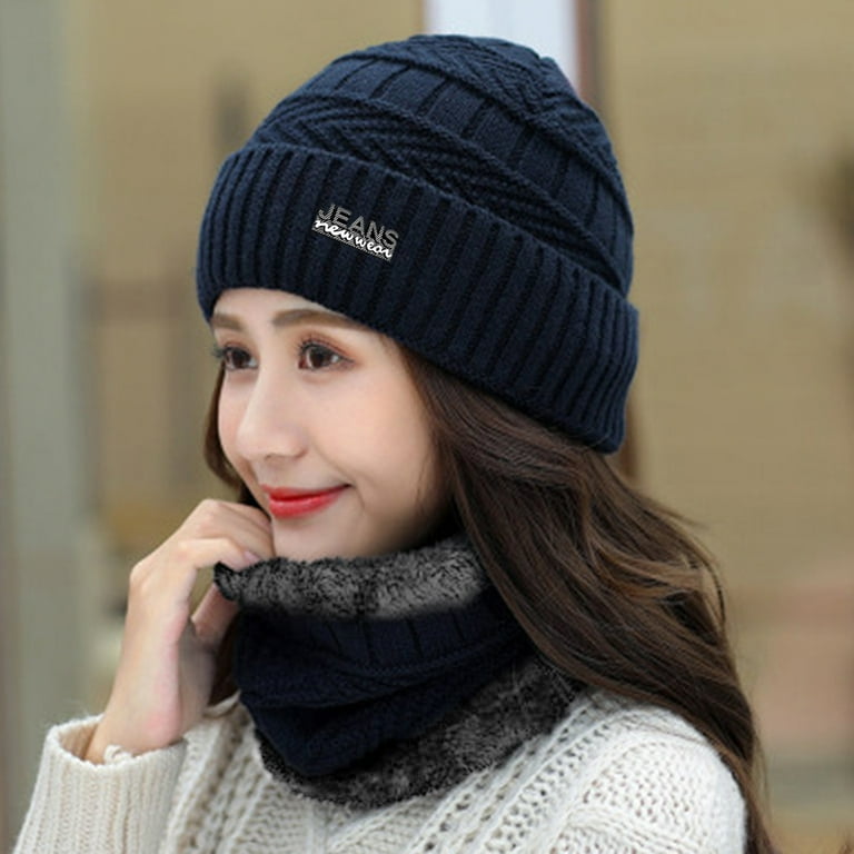 Womens Pom Beanie Hat Scarf Set Girls Cute Winter Ski Hat Slouchy Knit Skull Cap with Fleece Lined Walmart